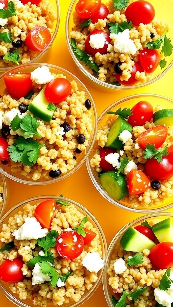 Mediterranean quinoa salad cups filled with quinoa, tomatoes, cucumbers, and feta cheese, garnished with parsley.